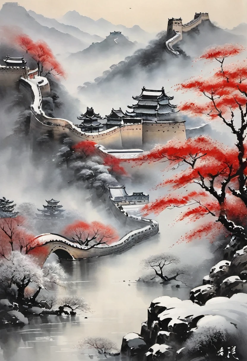 Traditional Chinese ink painting,Winter Wonderland,early morning sunrise,The winding Great Wall,Subtle gray and black tones,majestic mountains,snow covered trees,A light mist enveloped the entire scene,Peaceful and tranquil atmosphere,With hints of red and gold,Natural Elements,delicate brushstrokes,Ethereal Beauty,Black and white contrast,harmonious composition,Fine details,graceful movements,Sublime tranquility,artistic response,Sublime beauty,Endless depth,Exquisite artistic craftsmanship,aesthetics,symatrical,Traditional ink painting,Signed red seal.