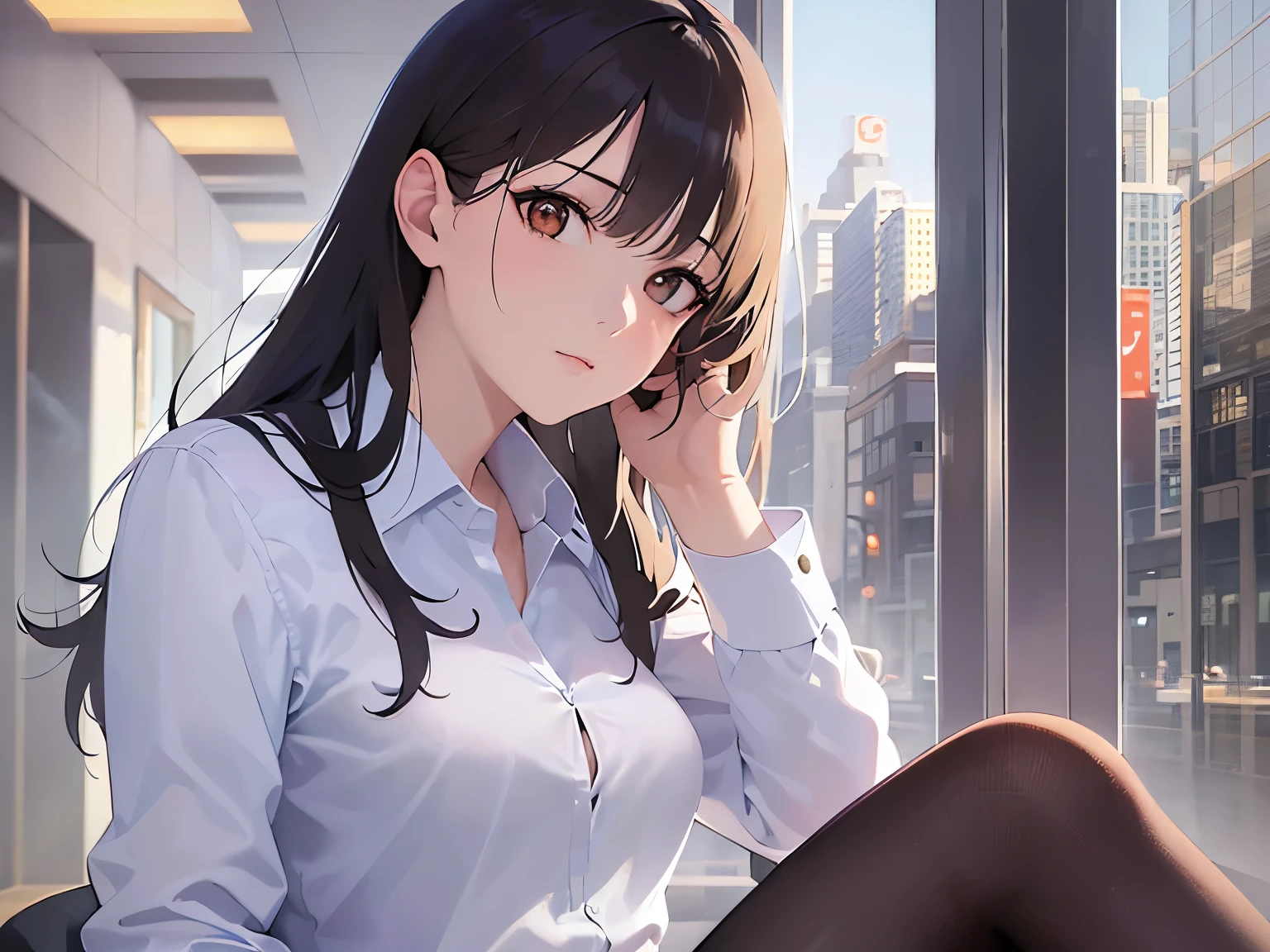 side angle, Upper Body, Realistic, real person, (pale skin: 1.2), RAW photo, photorealistic, portrait photography, shiny skin, shiny hair、(25 year old woman with medium hair with bangs) and (wavy hair) and (brown hair) and (orange eyes) , (Wearing a business suit:1.5) and (Wearing a white collared shirt)、Serious expression, The background is the office、Alone、Sitting、