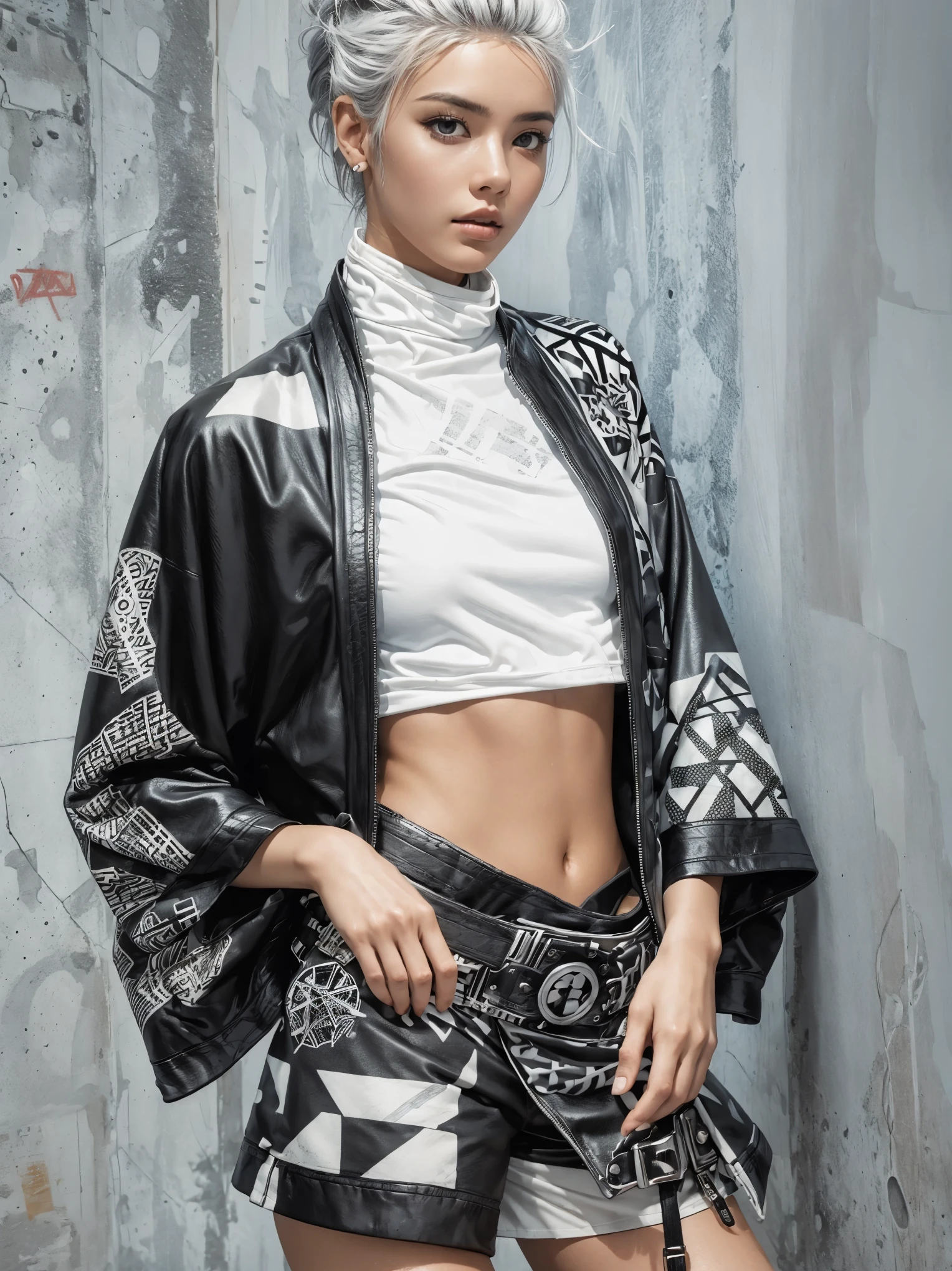 masterpiece, Best Quality, Realistic, Futuristic fashion, fashion portrait,  BREAK (1girl,sitting:1.4),(all body shot:1.9), BREAK Incredibly slim waist, Upward-facing medium and perky nipples, with disproportionately medium breasts, and rounded medium buttocks, exuding a sculptural beauty, cute Girly face, White and beautiful skin, slim face, arranged gray hair, looking viewer, meat stuck to the clothing,   BREAK _ (Cityscape background:1.2), (White and black graffiti-covered walls:1.4), _ BREAK (Confident sitting pose:1.2), _ BREAK (wide angle:1.7), _ BREAK（White and black theme:1.4), (Geometric pattern print:1.4),(fusion of traditional High collar kimono and punk elements:1.4), (black leather jacket with white silk kimono:1.2), (silver studded details on kimono:1.2), (punk-inspired accessories, black Leather thigh belt:1.4), _ BREAK (punk-style boots:1.2), /// (fog and mist Blurred background, Perfect and beautiful concrete background:1.4), (Inorganic and nostalgic white lighting:1.4),
