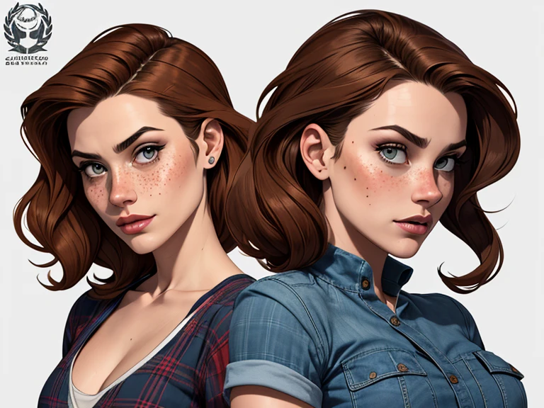 Character style illustration style Completely bare breasts showing small fear Breast size Cartoon name: Isabella Cruz white background medium breasts freckled face Hermione Granger actress strong contours Physical description - long straight hair, tingidos de um marrom vibrante que contrasta com sua pele clara. - You reflect a mix of curiosity and determination. - Ela tem uma estatura alta, with a slender and agile figure, evidenciando sua agilidade e destreza. -fundo colorido Design de personagens de retrato, beautiful digital illustration, retrato de alta qualidade, Arte em quadrinhos, Corpo inteiro sensualizando ou pelada. folha de retorno. return sheet member clothes of the day hell day expression love wearing sadomasochistic clothes with red plaid shirt and blue jeans