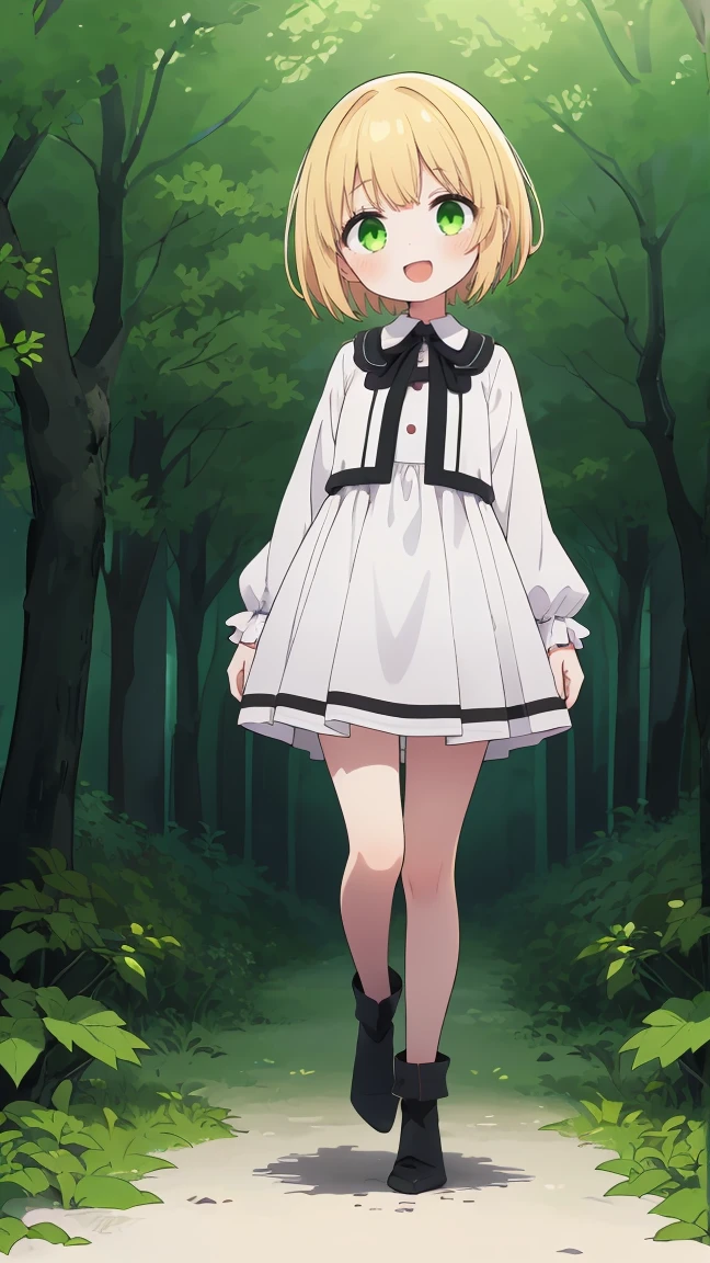 (highest quality), 1 Girl, :d, Head tilt,((Eerie Dark Forest:1.6)),(((Full Body:1.3))),(((((Cute clothes))))),Short Hair,Blonde,Green Eyes,Walking through a dark forest,It's a very scary forest,white long dress,(Anxious expression),