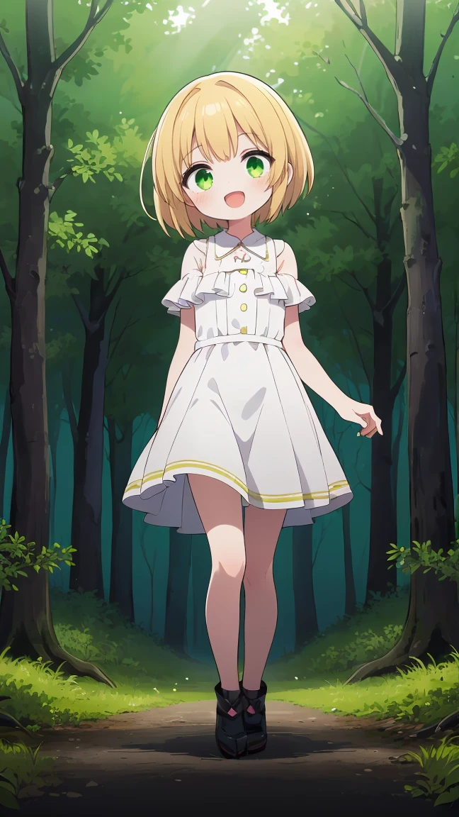 (highest quality), 1 Girl, :d, Head tilt,((Eerie Dark Forest:1.6)),(((Full Body:1.3))),(((((Cute clothes))))),Short Hair,Blonde,Green Eyes,Walking through a dark forest,It&#39;s a very scary forest,white long dress,(Anxious expression),