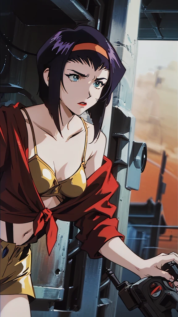 Faye Valentine, cowboy bebop, gun at you Tags: Faye Valentine, girl with a gun, intense gaze, long hair flowing, futuristic backdrop, fearless posture, cyberpunk, bounty hunter, sleek outfit, vibrant colors, dynamic action, spotlight, shadows, strong emotions, dramatic lighting, smoky atmosphere, street scene, anime style, detailed eyes and face, detailed lips, realistic, high-quality, 4k resolution, masterpiece, vivid colors, gritty texture, edgy, intense energy.