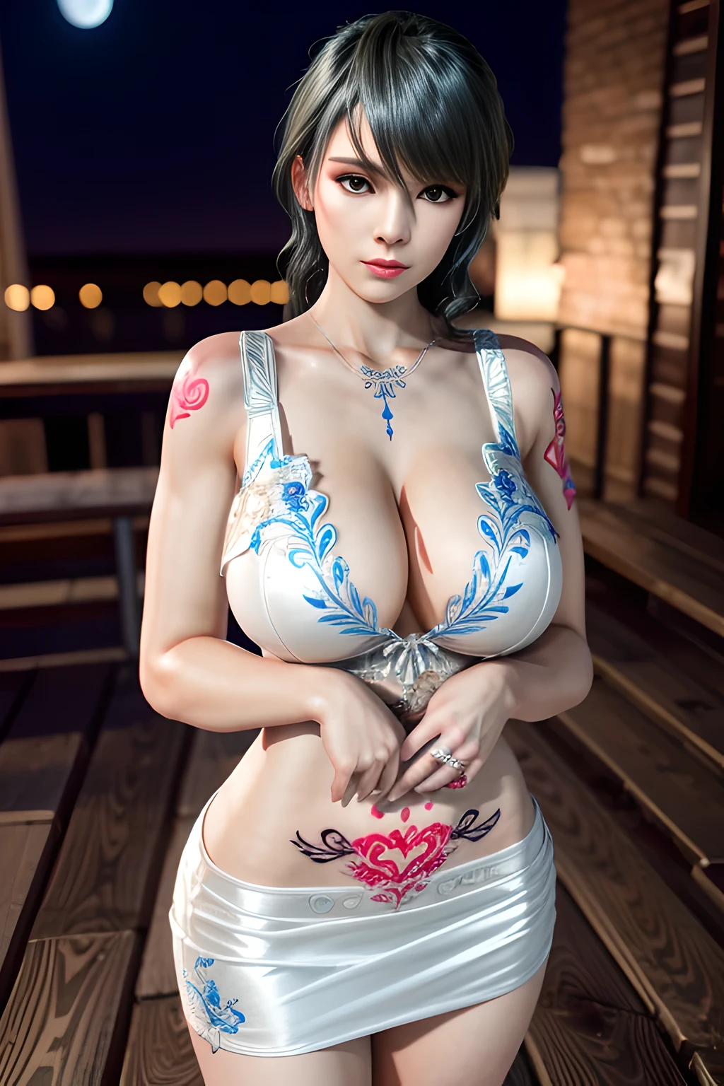 1 girl,standing posture, (Embroidered Trim Wedding Dress), nighttime,moon,( huge breasts:1.1),cleavage,shiny skin,lip gloss,( tattoos:1.2), masterpiece, best quality, realistic ,Surrealism,Rich artistic colors, 8K,3D,Portrait art,solo, tamaki