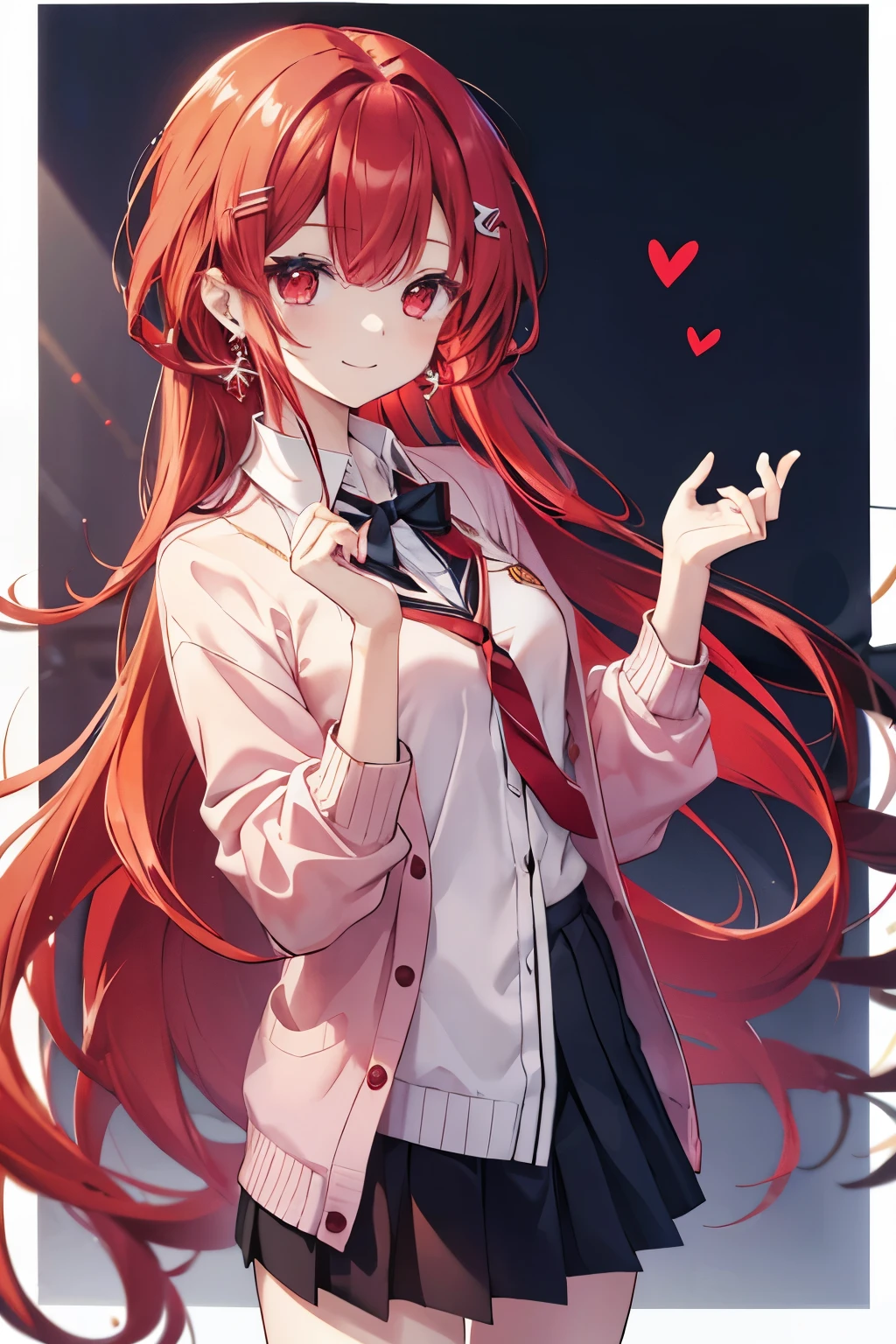 Red eyes with red hair、 girl、Small breasts、Long Hair、smile、gal girl、Wearing cute earrings、uniform、knit cardigan、Add highlights around the eyes、Cute hairpin、The whole body is visible、School
