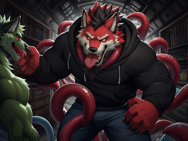 furry，hairy，Wolves，experiment，Stitching Abomination，male，experiment室，science and technology，strong，thick，monster，Zombie&#39;s exquisite eyes，Super detailed，Delicate fur texture，CG。red pupils，Tentacles，Sweatshirt，Tentacles缠身，entangle，strong，rape face，huge，panicked，fear，Mucus，Viscosity，body fluid，invert，assimilation，Mucusinvert，Tongue，Arrogant