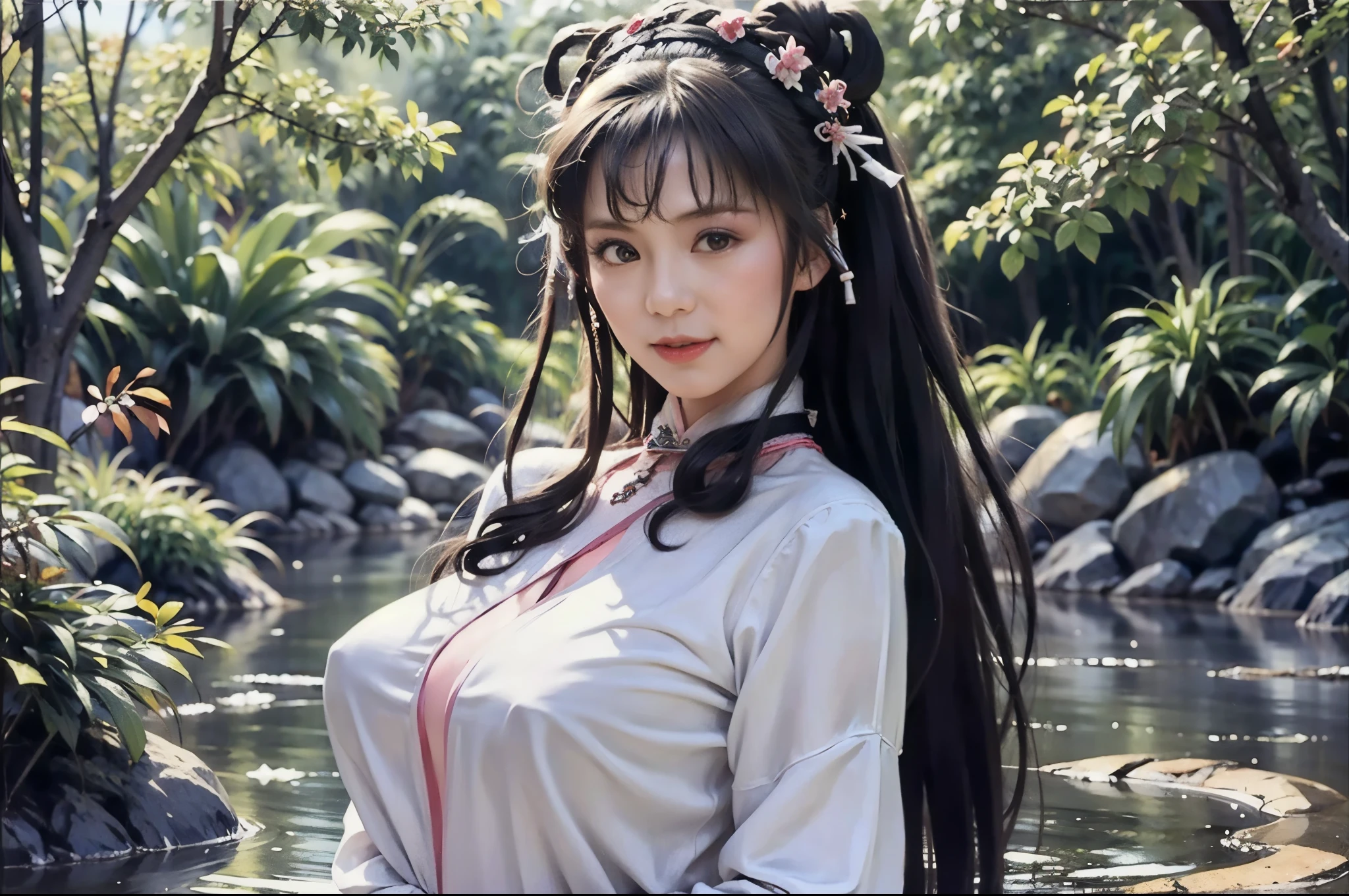 there is a woman in a wet lace white dress posing on the beach, gigantic cleavage breasts, trending on cgstation, wlop and sakimichan, artwork in the style of guweiz, cinematic. by leng jun, wlop and ross tran, by Victor Wang, a beautiful fantasy empress, guweiz, ruan jia and artgerm, beautiful fantasy maiden, japanese goddess, It was empty inside and she didn't even wear a bra, When she moved her body, her two fat and white breasts swayed left and right, Under the friction with her clothes, her two lotus seed-sized nipples actually stood up, making her clothes bulge out by two pointed, 