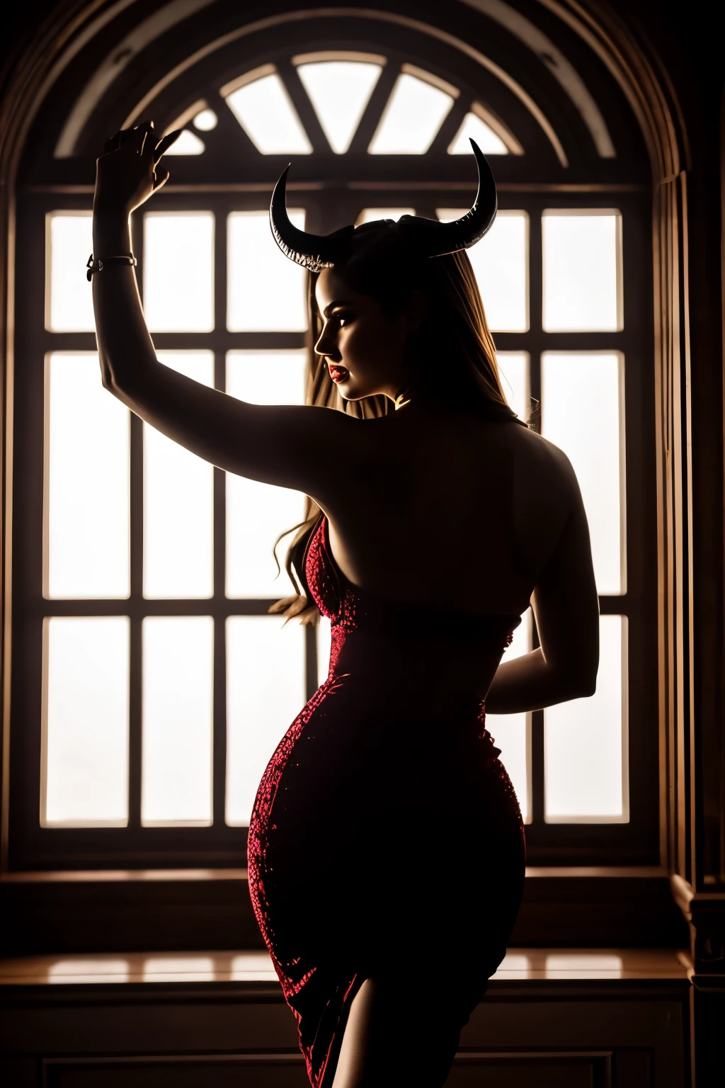 (Masterpiece, ultra-detailed, raw, Hellish aesthetic: 1.1)
A seductive woman, clad in fiery red attire, dancing with Satan in the sultry depths of Hell. Her curves, illuminated by the infernal glow of the underworld, are accentuated by the Hellish backdrop, her skin textured with a smoky, otherworldly quality. Satan, with his horns and goatee, holds her close, their silhouettes stark against the crimson sky. The scene is captured in a cinematic, high contrast style, with side-lighting casting deep shadows and intricate details on their faces and forms. The