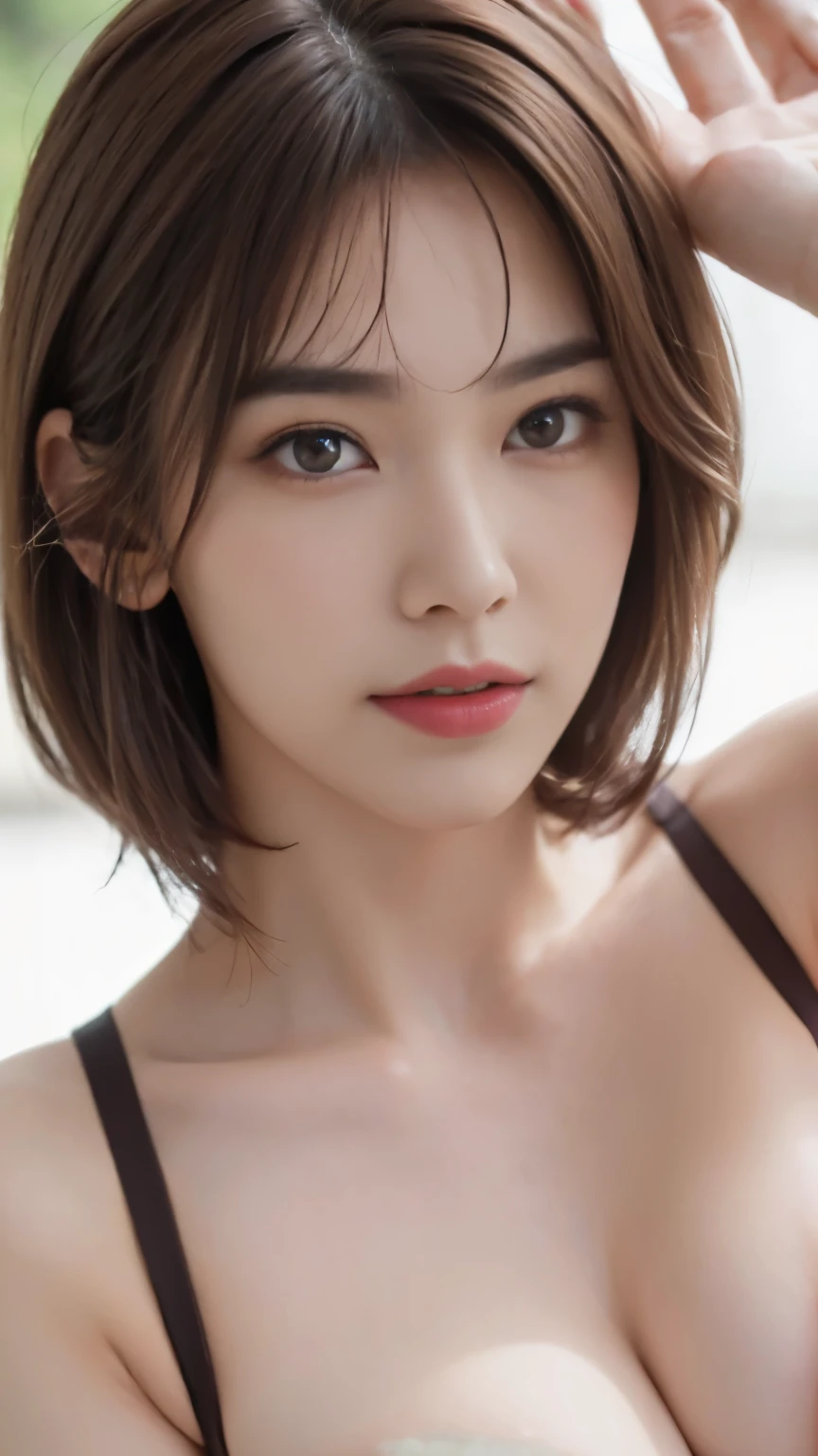 Realistic, High resolution, 1 female, Glowing Skin, alone, Wide lips,Beautiful breasts, cleavage is a little wide,Idol body type,round face,she,Realistic skin texture,Genuine,Detailed face,high school girl,Dynamic Pose,肌のshe,short hair,Brown Hair,Tropical,Realistic skin feel,Glowing Skin,Symmetrical face