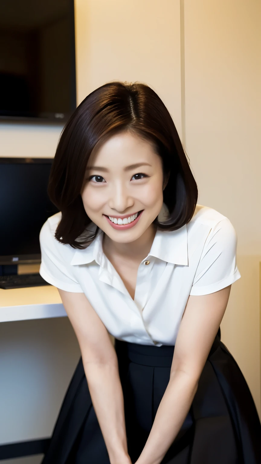 1 Japanese female,OL、office、Mid Shot、Shiny skin,smile、愛らしいsmile、Laughing with your mouth open、officeの服装、Black Hair、White collared blouse、Large bust、Tight Skirt、mini skirt、Black Hair、pumps,highest quality,Very delicate and beautiful 8K,Very high resolution,,Beautiful detailed girl,Realistic、officeの中、Computer desk、officeの椅子に座る、Beautiful appearance、Spread your legs