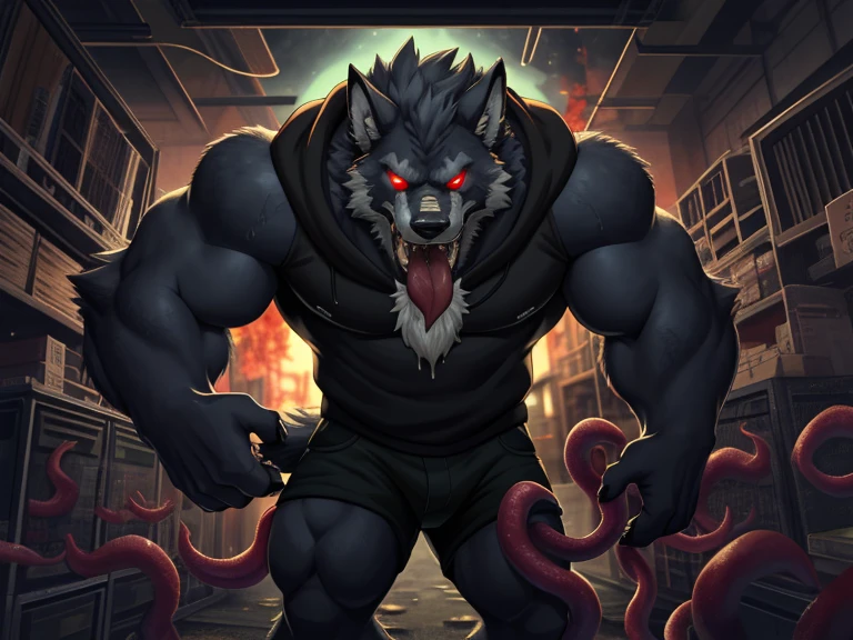 furry，hairy，Wolves，experiment，Stitching Abomination，male，experiment室，science and technology，strong，thick，monster，Zombie&#39;s exquisite eyes，Super detailed，Delicate fur texture，CG。red pupils，Tentacles，Sweatshirt，Tentacles缠身，entangle，strong，rape face，huge，panicked，fear，Mucus，Viscosity，body fluid，invert，assimilation，Mucusinvert，Tongue，Arrogant