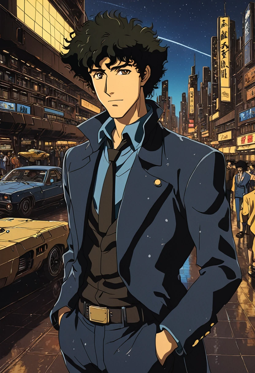 1boy, Spike Spiegel, Cowboy Bebop, brown eyes, smile, black hair, cbbebop, cbbebop spaceship, retro artstyle, 1990s (style), oldest, (masterpiece), (best quality), (ultra-detailed), very aesthetic, illustration, disheveled hair, perfect composition, moist skin, intricate details