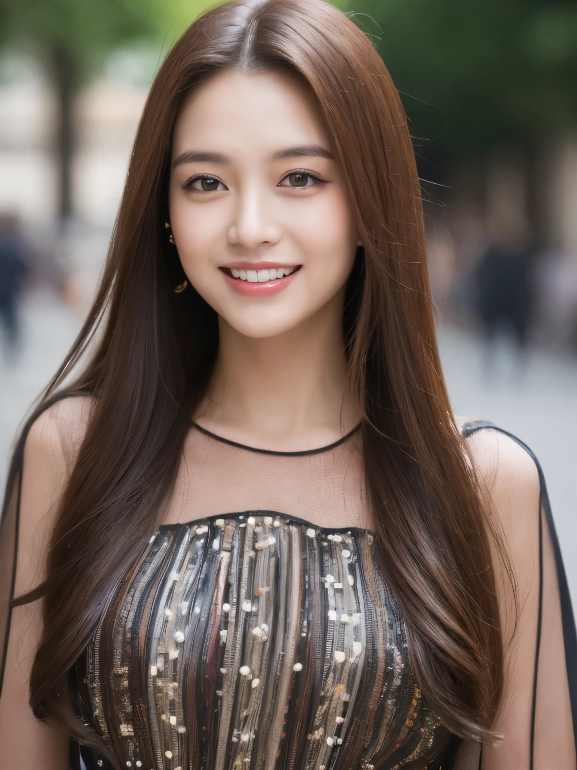 ((Best quality, 8k, Masterpiece :1.3)), 1girl, smiling, full body, slim face, Pretty woman, (Dark brown hair), full length dress :1.1, Ultra-detailed face, Detailed eyes, Double eyelid, blur background, slim face, city, outside, street, Random body direction, full body shot, Shooting from a long distance,