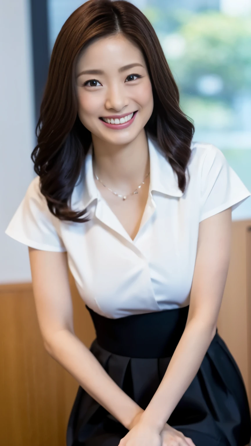 1 Japanese female,OL、office、Mid Shot、Shiny skin,smile、愛らしいsmile、Laughing with your mouth open、officeの服装、Black Hair、White collared blouse、Large bust、Tight Skirt、mini skirt、Black Hair、pumps,highest quality,Very delicate and beautiful 8K,Very high resolution,,Beautiful detailed girl,Realistic、officeの中、Computer desk、officeの椅子に座る、Beautiful appearance、Spread your legs