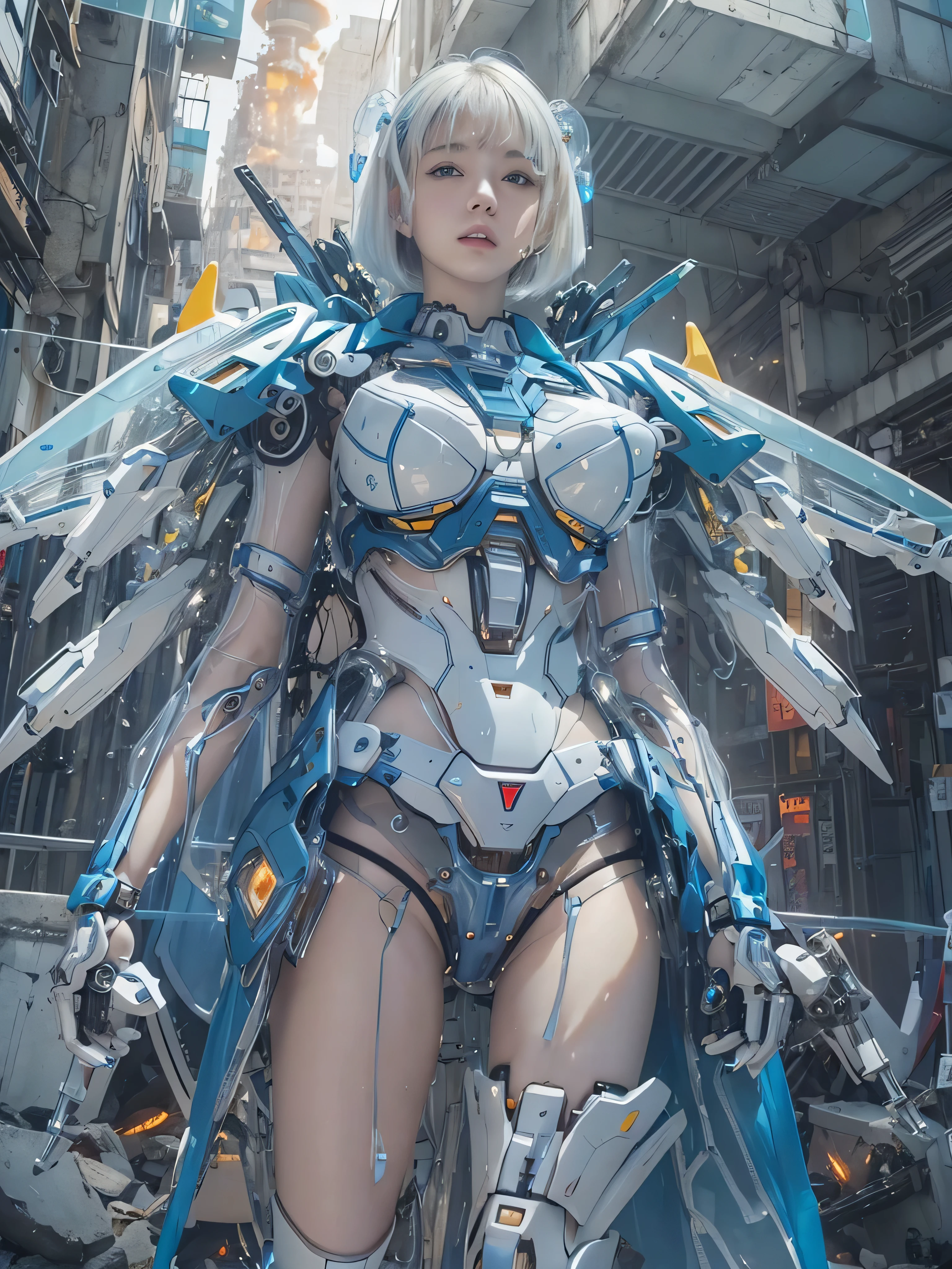 (masterpiece, best quality:1.2), (8k uhd, 16k, 32k, ultra high res), (photorealistic:1.37), (RAW photo), ultimate-realistic, ultimate-realistic details, ultimate-realistic texture, ultimate-intricate details, ultimate-realistic lighting, ultimate-realistic shadow, japanese girl, ultimate-cute face, ultimate-RAW skin, ultimate-realistic eyes, hard disk, beautiful,(Gundam),beautiful cyborg woman,largely,((Wearing Futuristic Transparent Reinforced Plastic Mechanical Parts。:1.4)), Bust top covered with transparent mechanism, Mechanically protected front crotch, Largely exposed bare skin, largely naked, Perfect proportions, Giant tit, (He carries a lot of weapons on his back.:1.4), (hero pose), full body shot, (Short-cut straight hair that looks beautiful in blue and white:1.4), collapsed building background, A city engulfed in flames, (The blue LED on the bust top glows strongly:1.4), Biologically correct,