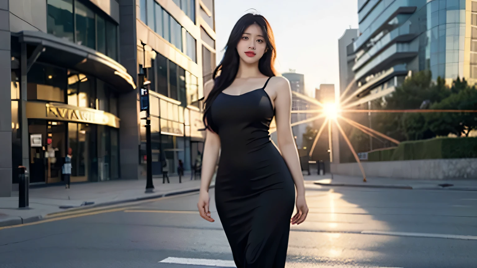 beautiful girl, 1girl, solo, korean Female Model, dynamic poses, ((smile)), ((short maxidress)), long messy hair,black eyes, (((plumpy body))), sfw, (medium breast:1.2), cleavage, Morning sunshine, Eyes on the audience, ((walking)), ((dynamicposes)), ((dynamicbackground)), photo mid body, ((flirting pose)), ((face details)),Double eyelids, realistic, masterpiece, highest quality, lens flare, shade, ((city walk background)), [[chromatic aberration]], by Jeremy Lipking, by Antonio J. Manzanedo, digital painting, HDR, high contrast
