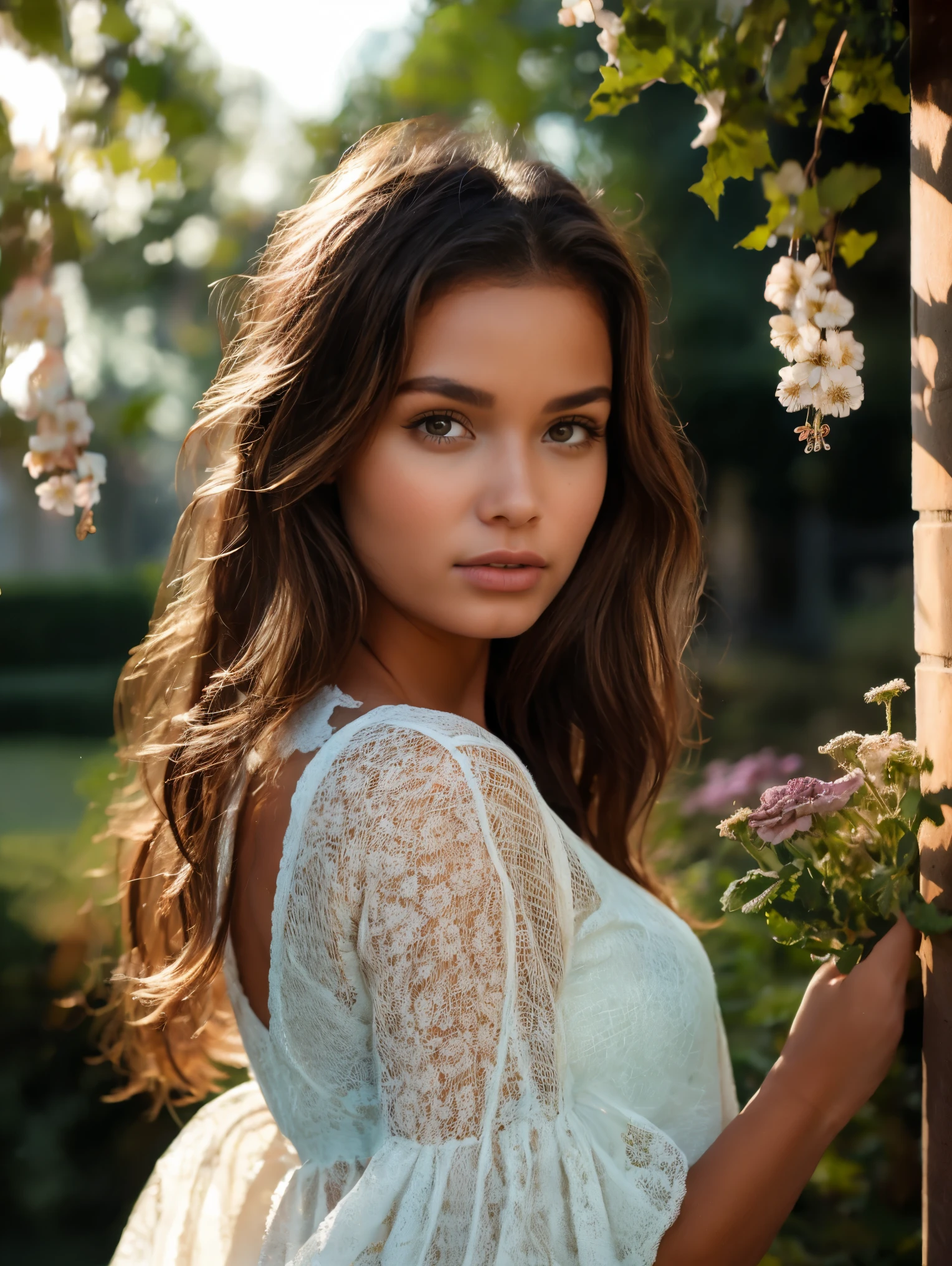 best quality,ultra-detailed,realistic:1.37,portrait,painting,soft colors,subtle lighting,young woman,long flowing hair,beautiful detailed eyes,beautiful detailed lips,soft smile,pale complexion,delicate features,feminine charm,romantic atmosphere,lush garden,flowers blooming,gentle breeze,serene background,ethereal beauty,graceful pose,classic elegance, elegant fashionable costume, fully clad