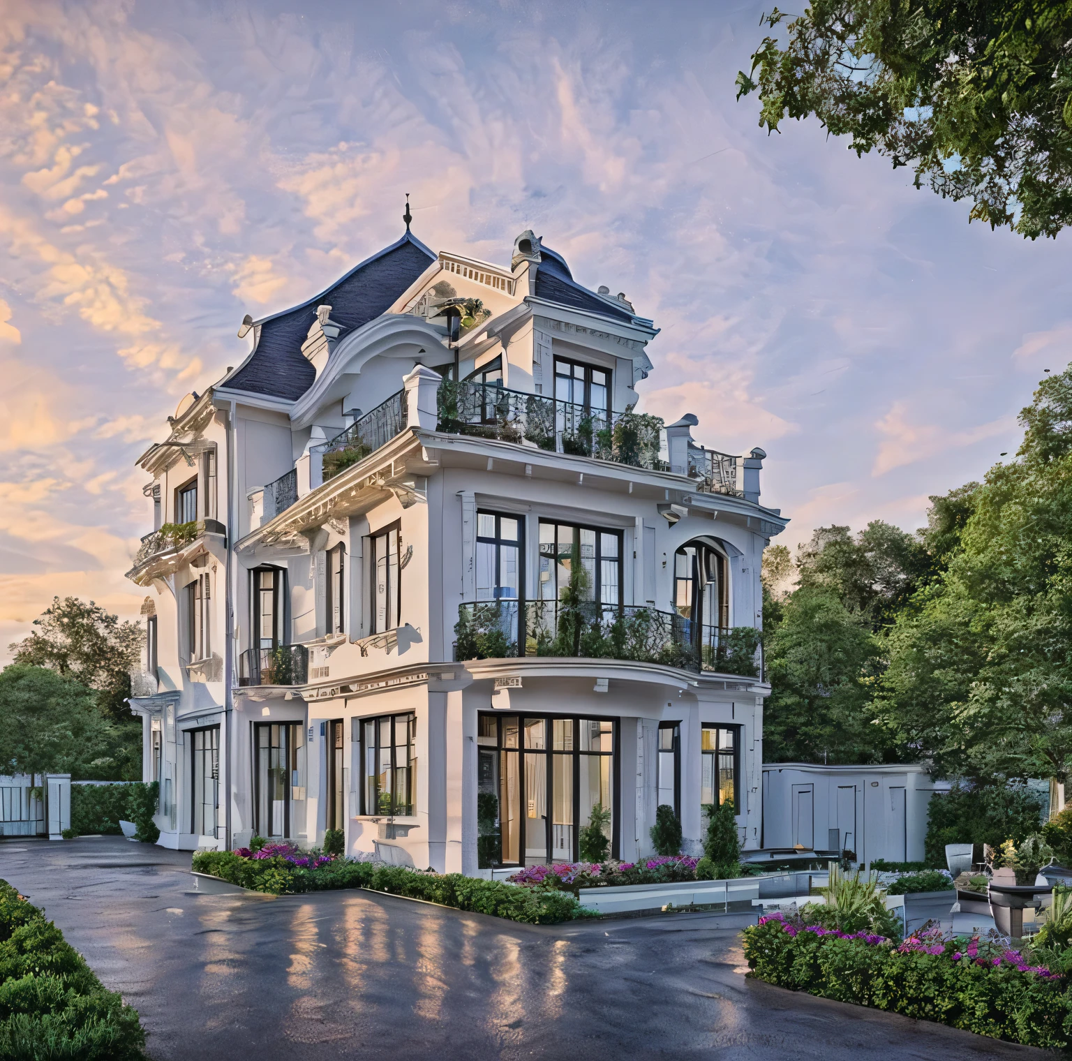 French style villa, Gray-blue roof, Garden in front of the door, （A small number of plants：1.1），Sunnyday, （Realiy：1.5）, hyper HD, Masterpiece,  high qulity, （The picture is clean：1.5）8K