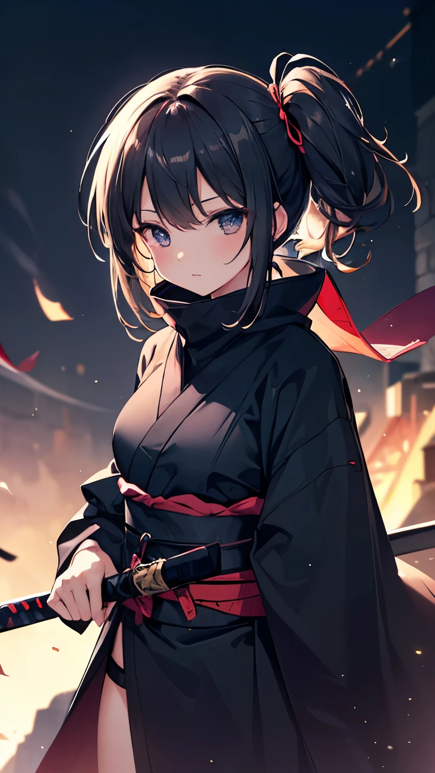 (((Best quality, 8k, Masterpiece: 1.3)), ((best quality)), ((masterpiece)), (detailed), perfect face, black hair, side ponytail, mouth veil, (ninja), female ninja, grim expression, holding a Japanese sword, running in the dark night, ninja costume, dark navy costume