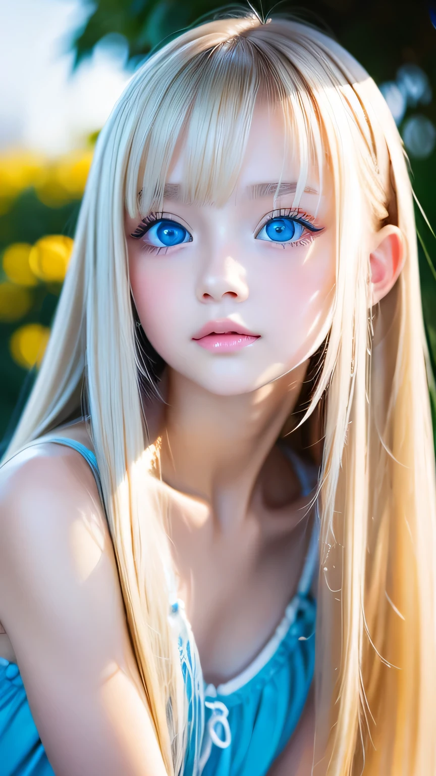One beautiful girl、Portrait、、blue sky、Bright and very beautiful face、young, Very white shiny skin、The best beauty、Super long blonde hair with dazzling light reflections、Beautiful natural platinum blonde super long silky straight hair、long bangs between the eyes,、Extraordinarily beautiful 15-year-old、Large, shining, clear, light blue eyes、Very big eyes、Small Face Girl、round face、Cheek gloss highlight