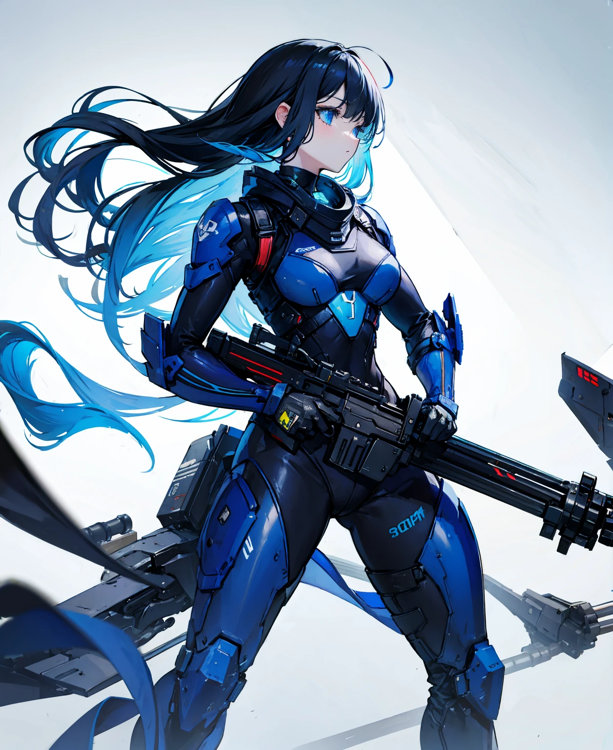 no background，girl，carry a firearm，Enamel-like tight suit，use of firearms，Navy blue long hair，attention arousal，Blue colored eyes,no gradation