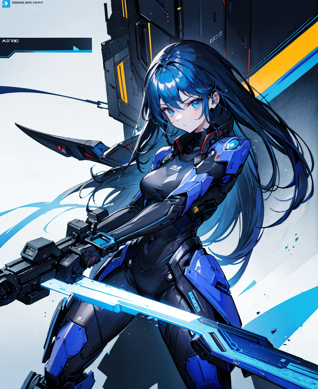 no background，girl，carry a firearm，Enamel-like tight suit，use of firearms，Navy blue long hair，attention arousal，Blue colored eyes,no gradation
