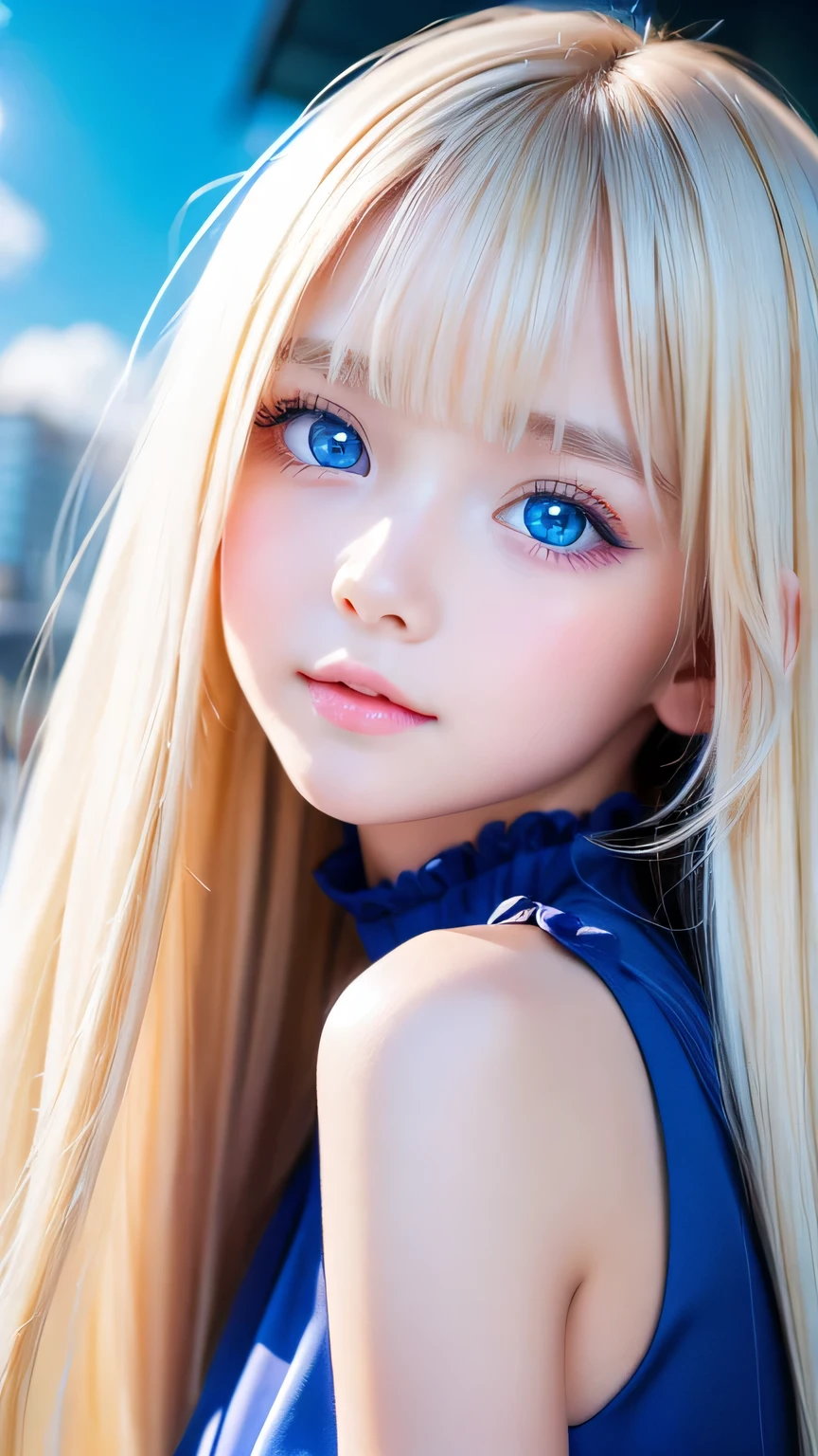 One beautiful girl、Portrait、、blue sky、Bright and very beautiful face、young, Very white shiny skin、The best beauty、Super long blonde hair with dazzling light reflections、Beautiful natural platinum blonde super long silky straight hair、long bangs between the eyes,、Extraordinarily beautiful **-****-***、Large, shining, clear, light blue eyes、Very big eyes、***** Face Girl、round face、Cheek gloss highlight