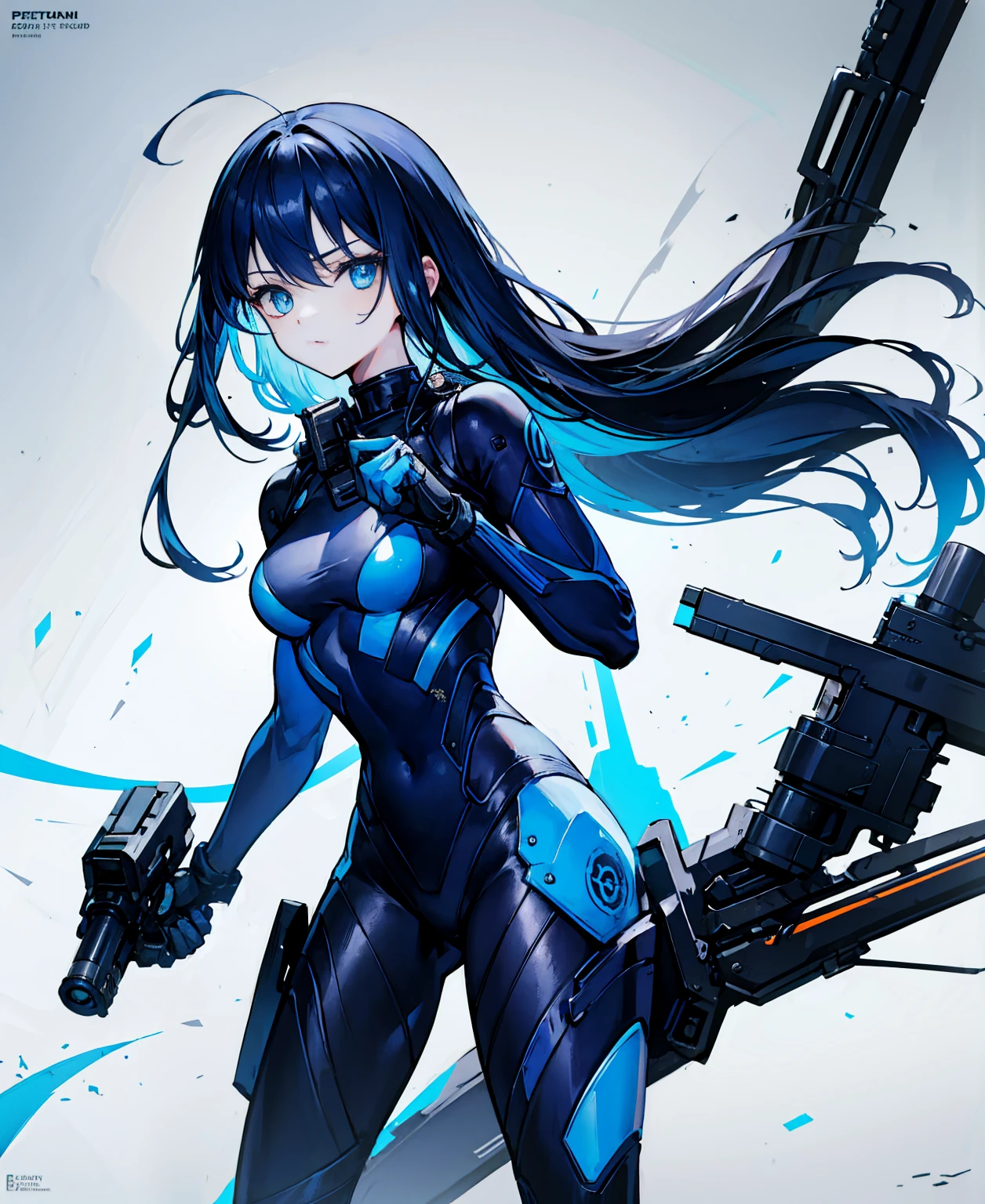 no background,girl,carry a firearm,Enamel-like tight suit,use of firearms,Navy blue long hair,attention arousal,Blue colored eyes,no gradation