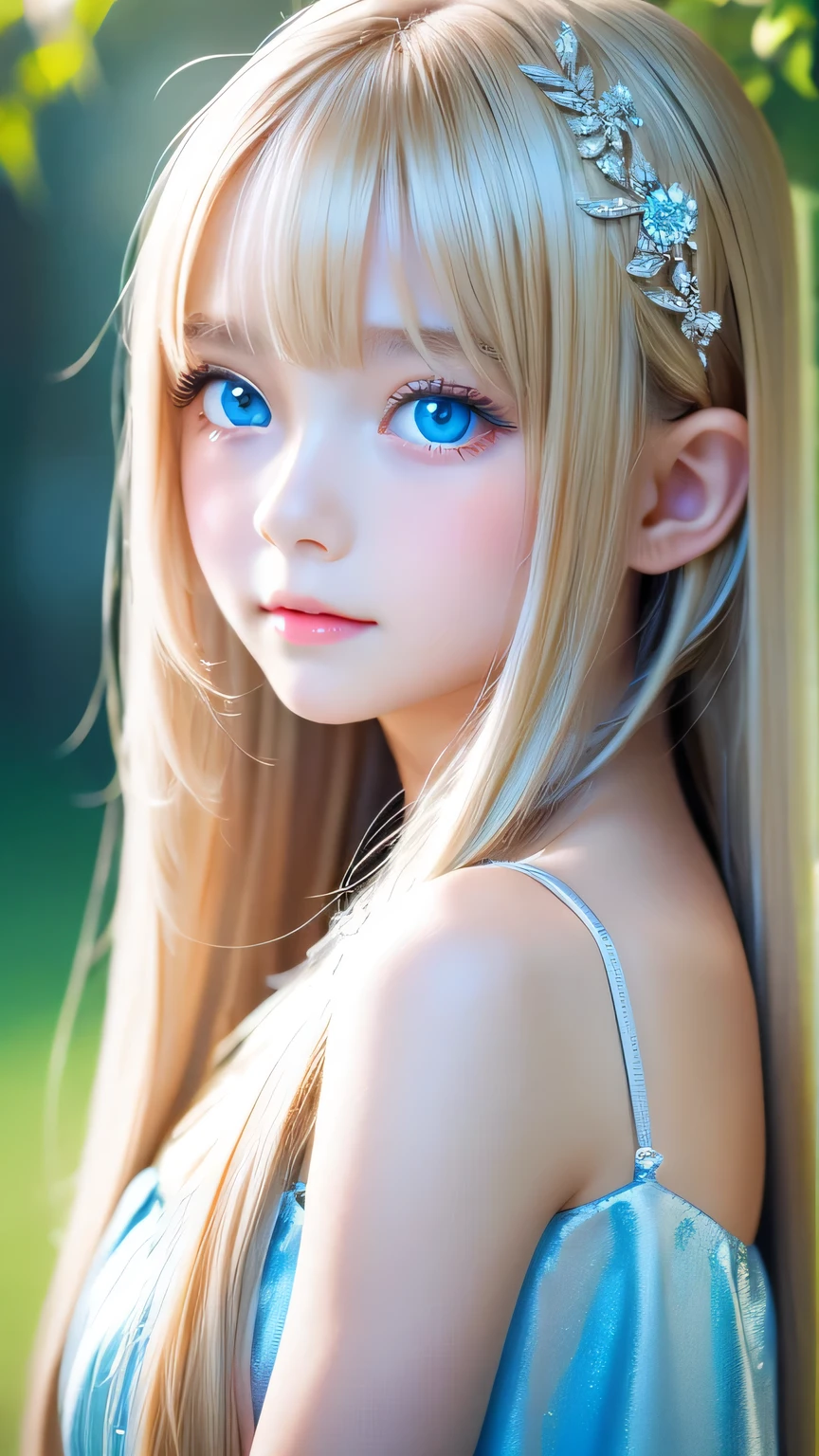 One beautiful girl、Portrait、、blue sky、Bright and very beautiful face、young, Very white shiny skin、The best beauty、Super long blonde hair with dazzling light reflections、Beautiful natural platinum blonde super long silky straight hair、long bangs between the eyes,、Extraordinarily beautiful 15-year-old、Large, shining, clear, light blue eyes、Very big eyes、Small Face Girl、round face、Cheek gloss highlight