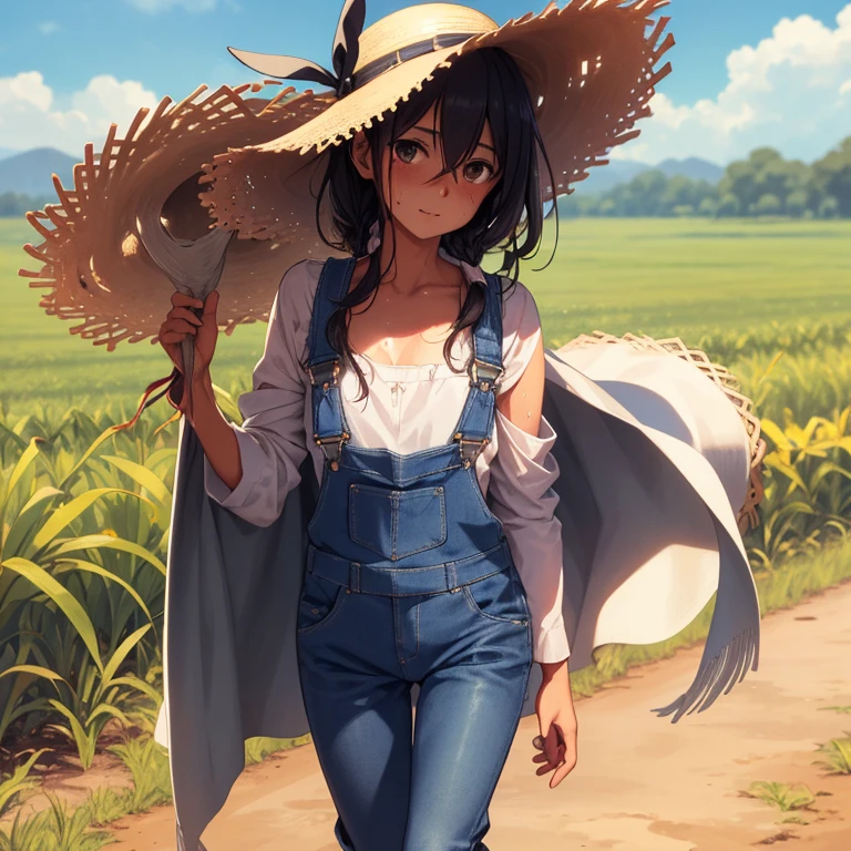 A realistic image of a man dressed as a farmer, patent leather boots touching the ground in a vast sugarcane field. The sun casting long shadows on his worn-out denim overalls, sweat glistening on his brow. His hands, calloused and strong, hold the reins of an old mule, its coat glistening with beads of sweat. The ribbon on his straw hat flutters gently in the wind, completes the scene.