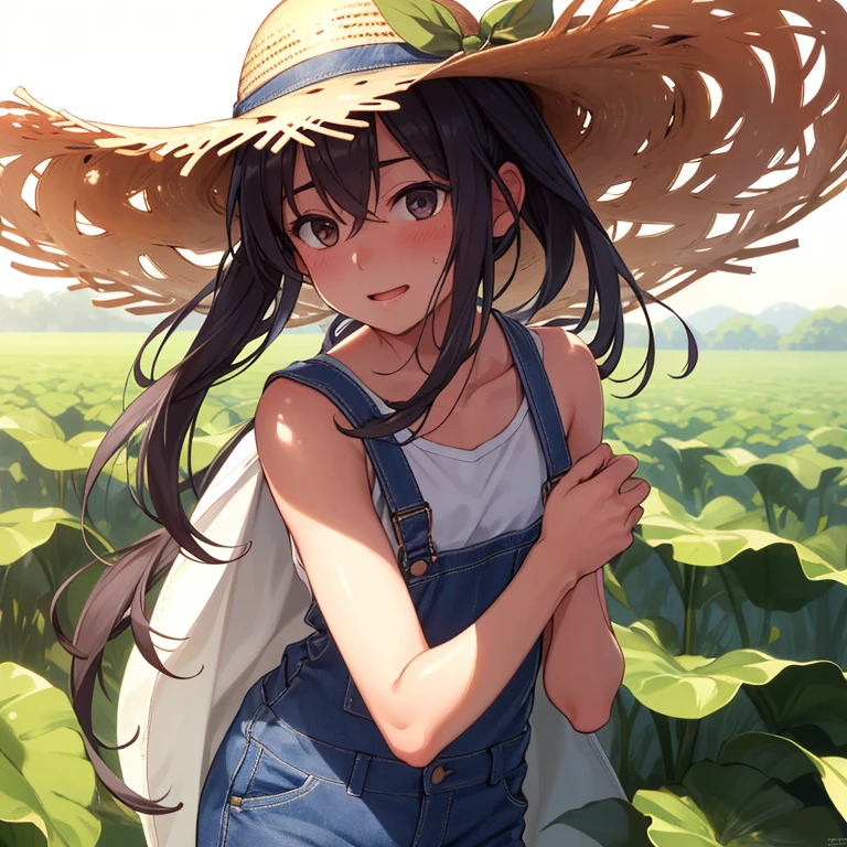 A realistic image of a man dressed as a farmer, patent leather boots touching the ground in a vast sugarcane field. The sun casting long shadows on his worn-out denim overalls, sweat glistening on his brow. His hands, calloused and strong, hold the reins of an old mule, its coat glistening with beads of sweat. The ribbon on his straw hat flutters gently in the wind, completes the scene.