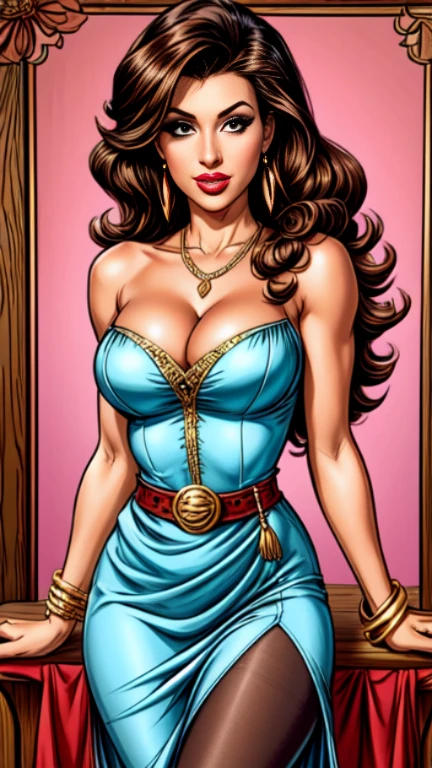 1woman 30year old, pin-up,solo, long hair, looking at viewer, long curly hair, cleavage, bare shoulders, big eyelashes, jewelry, medium breasts, earrings, colored slit soft dress, pantyhose,belt, necklace, bracelet, lips, armle