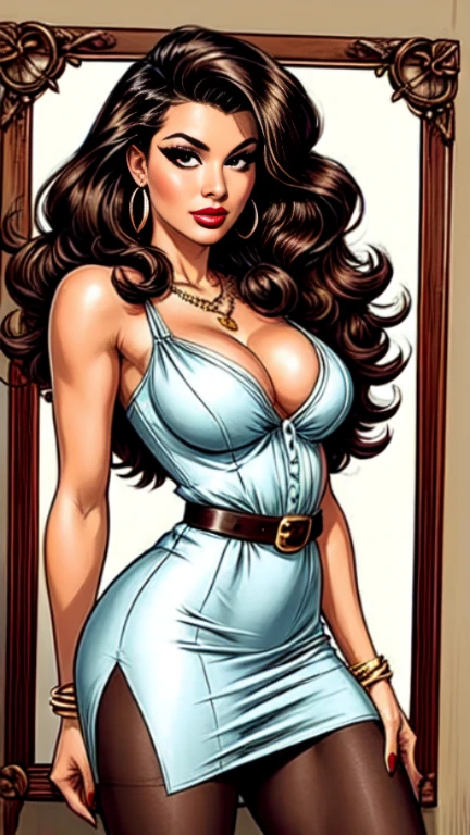 1woman 30year old, pin-up,solo, long hair, looking at viewer, long curly hair, cleavage, bare shoulders, big eyelashes, jewelry, medium breasts, earrings, colored slit soft dress, pantyhose,belt, necklace, bracelet, lips, armle