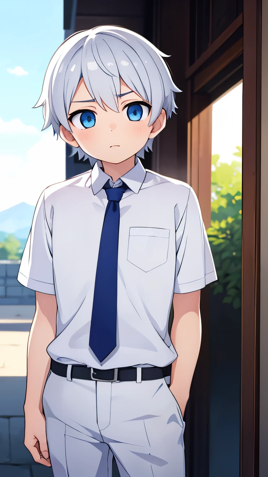 boy,White short hair,blue eyes,White shirt and grey slacks,arms folded,Character portrait,Cold impression
