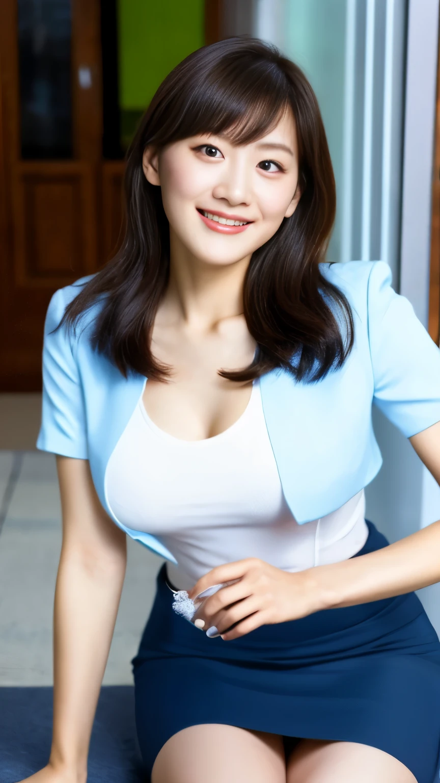 1 Japanese female,Shiny Hair、A classy smile、Jacket、Light blue collared short sleeve blouse、Breast enlargement、Beautiful bust、Tight Skirt、mini skirt、Very short skirt、Spread your legs、Black Hair、pumps,highest quality,Very delicate and beautiful 8K,Very high resolution,,Beautiful detailed girl,Realistic、Inside the company、In front of the office computer、Sitting in a chair、Beautiful appearance、