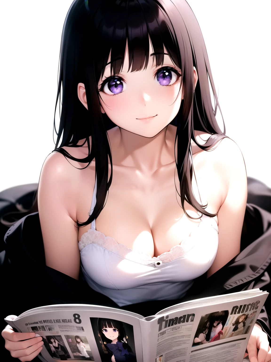 (A superb exquisite Chitanda Eru), (mature face), intricate details, (finely detailed beautiful eyes: 1.2), purple eyes, long black hair, natural straight hair, straight bangs, solo, [Small_breasts: large_breasts: 0.5], extremely delicate, peerless beautiful girl, dreamy quality, solid color, bright lips, slender waist, straight curves, soft lights and shadows, super fine, 8K HD, (masterpiece:1.4), (((timid smile, reading a magazine, white background, looking at viewer, fashion pose)))