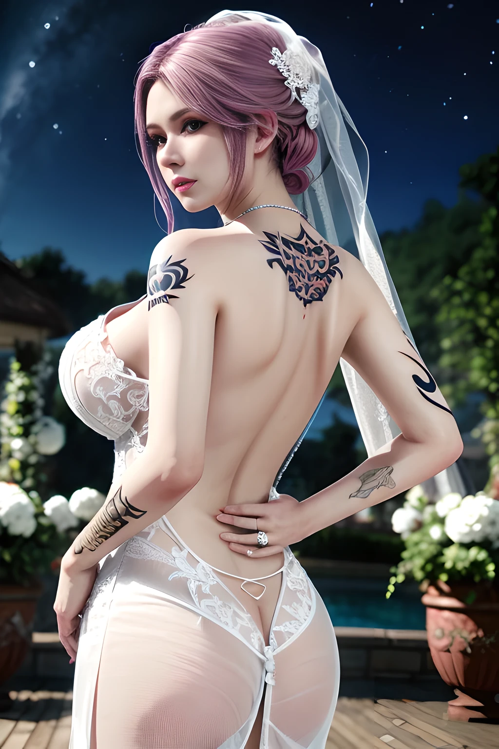 1 girl,standing posture,(( Backless Wedding Dress, see-through)), outdoor,elegant,nighttime,moonlighe,shiny skin,( huge breasts:1.1), lip gloss,( tattoos:1.3), masterpiece, best quality, realistic ,Surrealism,,Rich artistic colors, 8K,soft shadows,Portrait art,solo,  elise,