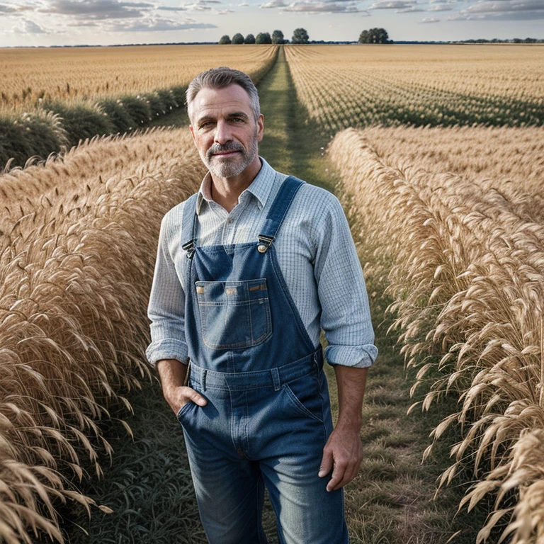 (Masterpiece, ultra-detailed, photorealistic, :1.4),
A humanoid patchwork man in overalls stands amidst a vast expanse of golden wheat field,
His intricately designed patchwork fabric displays vibrant colors and textures, resembling a quilt,
The sun sets in the background, casting cinematic light and long, dramatic shadows,
Side lighting enhances the textures and details of the man's features,
The ultra-high resolution captures every thread and stitch,
The scene exudes a rustic, idyllic charm, evoking a sense of simplicity and tranquility.