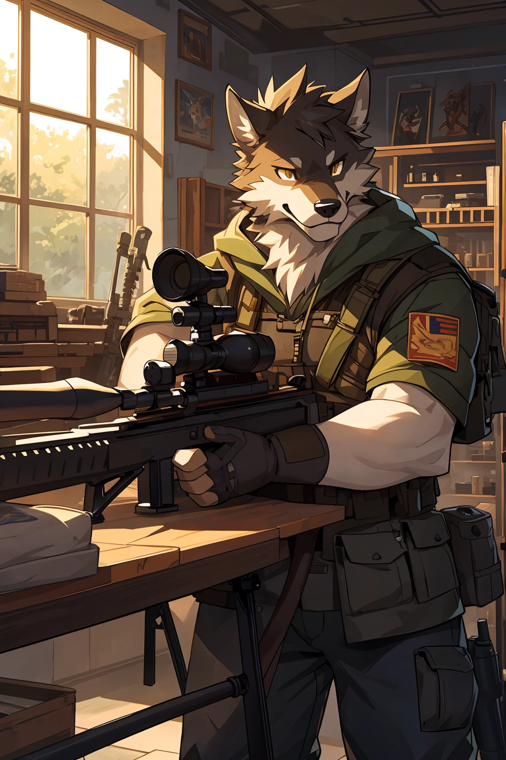 cover, high resolution, top quality, best quality, Paid rewards available, Unparalleled masterpiece, Perfect work of art, Wolf, High-quality illustrations, Ultra-high resolution, Detailed background, Perfect anatomical structure(1 boy, Solitary, Beast field, Furry personification, sniper, Check sniper rifle)many firearms, In a room with many windows, In the messy gun room, In the tech gun room, fantasy sniper laboratory, Inside the weapons store, Movie Lighting,