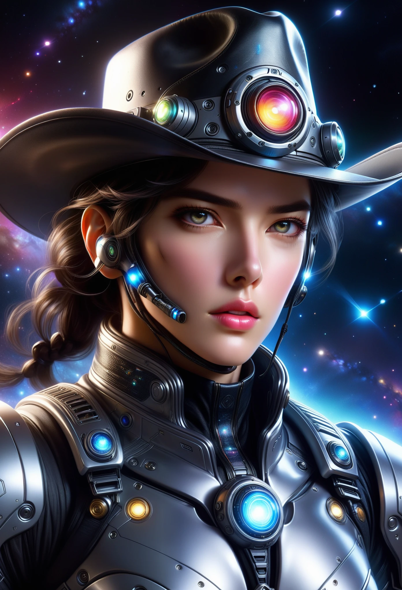 Space cowboy，ultra-detailed,realistic,galaxy,interstellar,1man，detailed eyes,detailed lips,cowboy aviation outfit,cowboy hat,technological clothing,light-emitting outfit.Correct human anatomy，body movements，Motion capture，Cyberpunk，Mechanical warhorse，gear，cyborg，