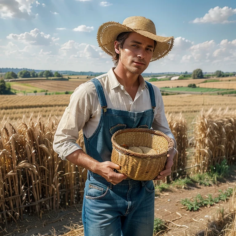 (Best quality, ultra-detailed: 1.1), Stylized painting, humanoid patchwork man, dressed as a farmer, in the midst of a golden wheat field, (vibrant colors: 0.9), idyllic countryside scene, long straw hat on head, denim overalls, checked shirt, worn leather boots, carrying a woven basket, (expression: 0.6), thoughtful and content, sun-kissed skin, (time of day: late afternoon), warm golden light filtering through the wheat stalks, gentle breeze rustling through the fields, subtle texture and detail, photorealistic, highly detailed stitching on the man's clothing.