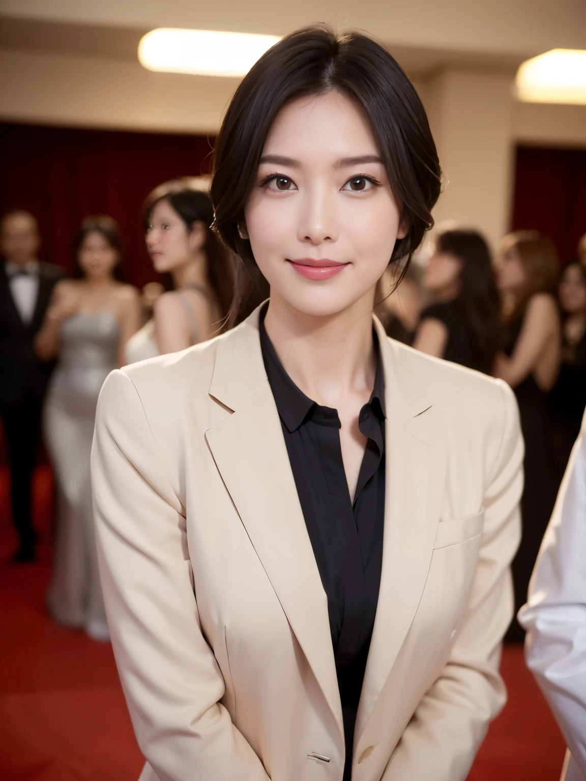 masterpiece,highest quality, (1 mature woman、42 years old), Grey blazer, White shirt, double eyelid, eyelash, Lip gloss, (smile:1), ((近い your eyes:0.85)), ((Looking at the audience、The whole body is reflected、Are standing)), to be born, (From above:0.2), ((no one)),Written boundary depth、尖ったRed Mouth、(Short black hair),Red Mouth,clavicle、Full body portrait、 (Photorealistic:1.3),(RAW Photos）、（Film festival venue：1.2）、On the red carpet、（Being interviewed：1.1）、Illuminated、Cinematic lighting）