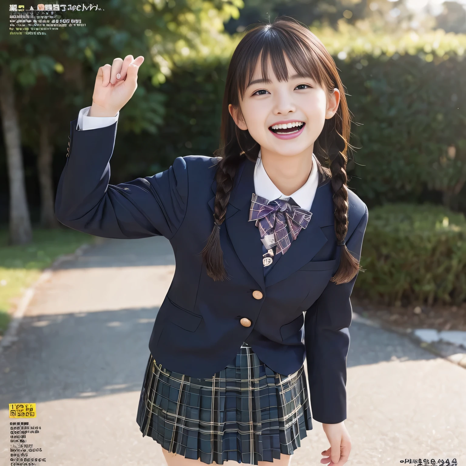 (highest quality、masterpiece:1.2)、highest quality、realistic、photograph、High resolution、1080p、8K、The face is especially pale., physical rendering、((Height: 155cm)), one Japanese girl、((A 15-year-old Japanese junior high school student)), ((Fashion model in a Japanese magazine)), , (((big very detailed beautiful dark brown eyes))), ((blue girly large wine-red glossy polyester Japanese school ribbon bow tie)), (((black beautiful long twin braids hair))), ((((deep blue colored tartan checkered formal long pleated pleated skirt)))), ((A formal dark blue blazer that is slightly oversized and has an emblem on the left chest.)), ((((((smile)))))), mouth is open, The large blazer and skirt are very cute., detailed fingers, Slender body, ((curled bangs)), so beautiful, long eyelashes, ((Very big and very very very cute eyes of a Japanese girl)), ((large pupils)), double eyelids, The entire skirt is photographed, thin eyebrows, ((drooping eyes)), ((long eyelashes)), ((cute lovely lovely laughing laughing cheeks)), ((Pure white light hits her face from above and in the front, making her skin and eyes shine beautifully.)), ((Strong light hits the nose and cheeks、It brings out the richness of the expression.)), (((((A very cute face with a rich expression and a pure look))))), (((Shot from the right side)))