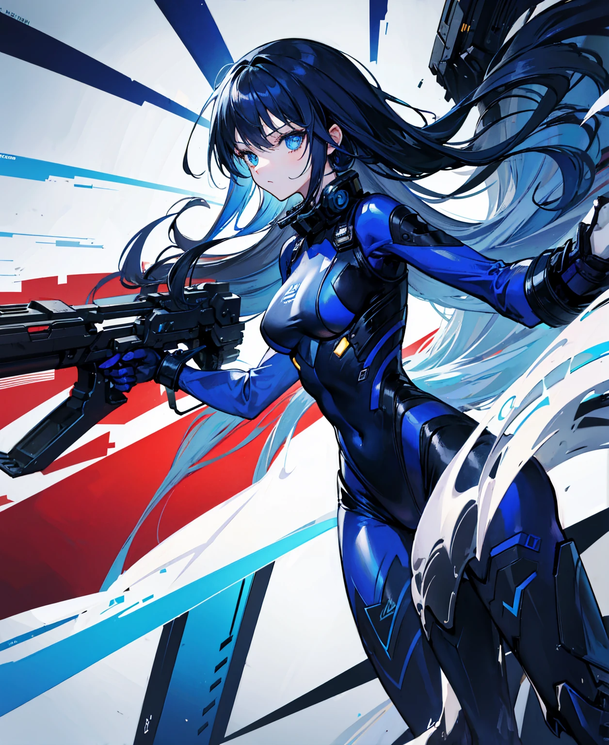no background，girl，carry a firearm，Enamel-like tight suit，use of firearms，Navy blue long hair，attention arousal，Blue colored eyes,no gradation