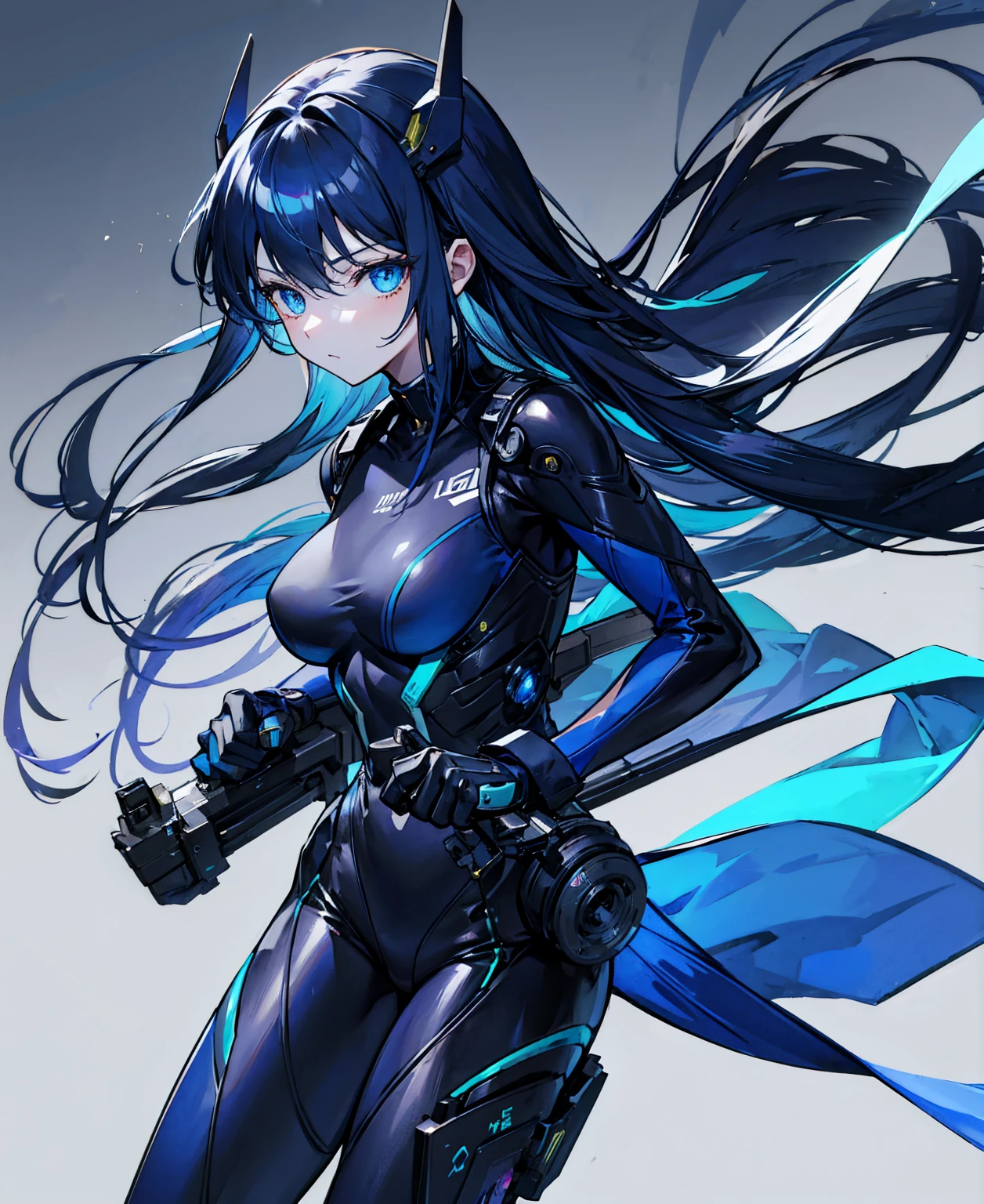 no background,girl,carry a firearm,Enamel-like tight suit,use of firearms,Navy blue long hair,attention arousal,Blue colored eyes,no gradation