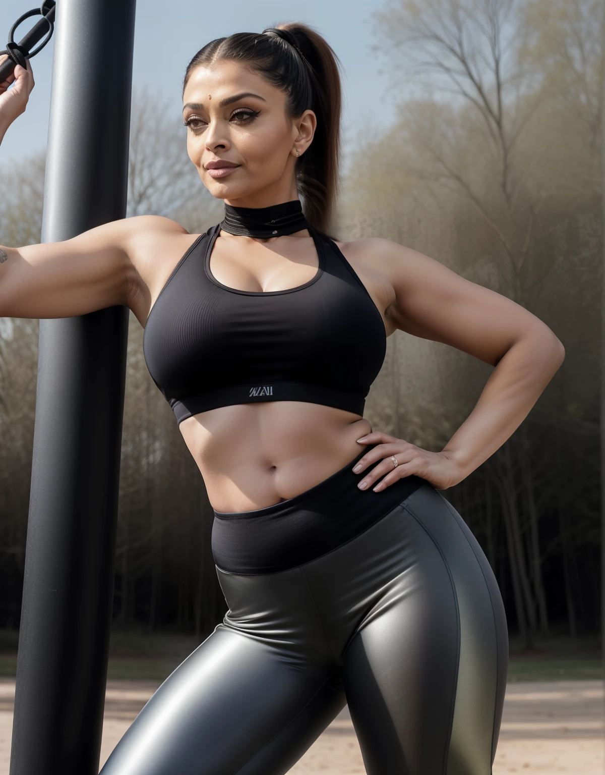 50yo mature MILF Aishwarya Rai as fitness model, tight sweatpants, ((tight crop top)), ((thigh high boots)), (((ponytail hair))), bright sunny day scene, curvaceous mature milf body, ((catwalk in outdoor gym)), ((hourglass milf figure, big breasts)), look straight at camera, soft volumetric lights, intricate details, (ArtStation:1.2)