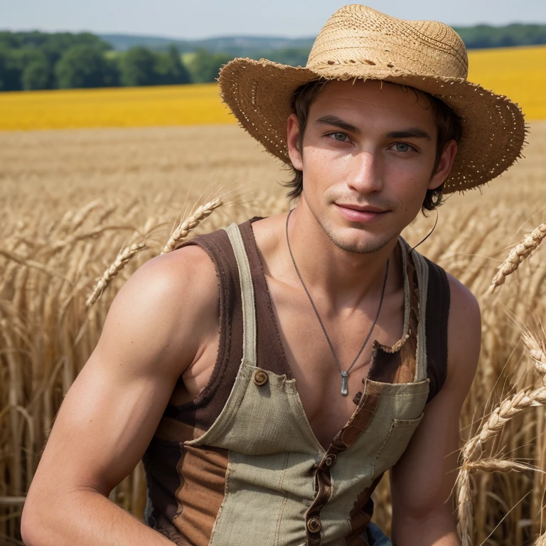 A humanoid patchwork man, solo, infiltrating a farmer's camp, among golden wheat fields, realistic image. His stitched-together skin of various colors and textures, contrasted against the ripened grain. His unblinking, round, brown glass eyes, fixed on the viewer, a subtle smirk playing on his artificial lips. Wearing a worn-out straw hat, exposing the complex mechanical workings of his shoulders and chest beneath a torn, patchwork sleeveless shirt. The sun-kissed, intricately detailed mechanical gears and wires peeked out from under his hat, glinting under the golden harvest sun. The farmers in the background, un