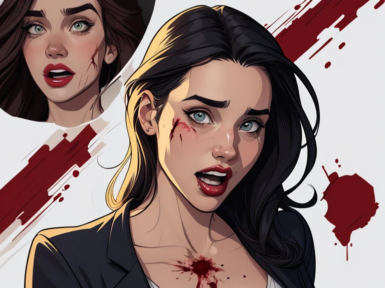 Personagem usando roupas Burlesque suja de sangue criminoso Jennifer Connelly omagem de desenho animado de uma mulher .cartoon style illustration, estilo de arte dos desenhos animados, estilo de arte dos desenhos animados, open mouth with vampire teeth stained with criminal blood Digital illustration style, design de personagens altamente detalhado, arte digital detalhada fofa, City fan art, Design de personagens de retrato, beautiful digital illustration, retrato de alta qualidade, Arte em quadrinhos, mulher jovem. expression of sexual desire white background stained with criminal blood