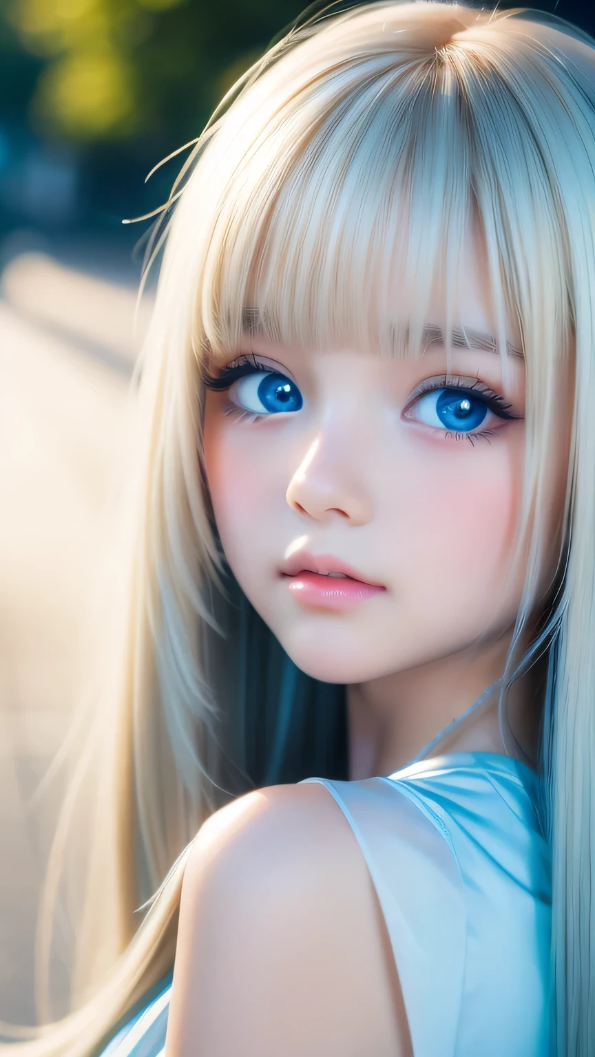 One beautiful girl、Portrait、、blue sky、Bright and very beautiful face、young, Very white shiny skin、The best beauty、Super long blonde hair with dazzling light reflections、Beautiful natural platinum blonde super long silky straight hair、long bangs between the eyes,、Extraordinarily beautiful 15-year-old、Large, shining, clear, light blue eyes、Very big eyes、Small Face Girl、round face、Cheek gloss highlight