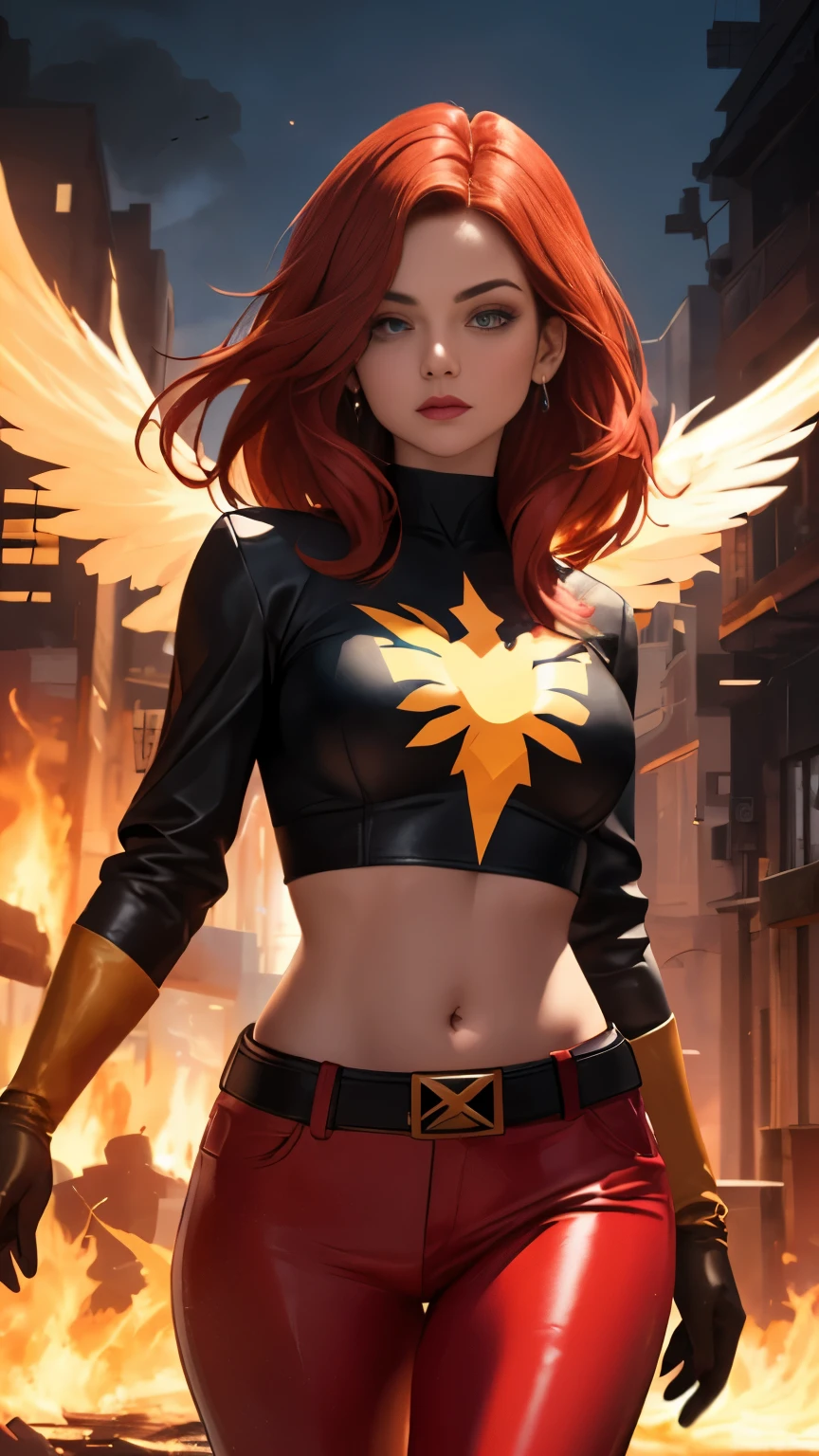 (Highly quality, masterpiece, detailed), burning city detailed scenario, burning city detailed background, jean-grey, belt, red leather crop top jacket, gloves, Phoenix symbol on chest, red leather pants, navel, perfect face, beautiful eyes, looking at the viewer, Sexy pose